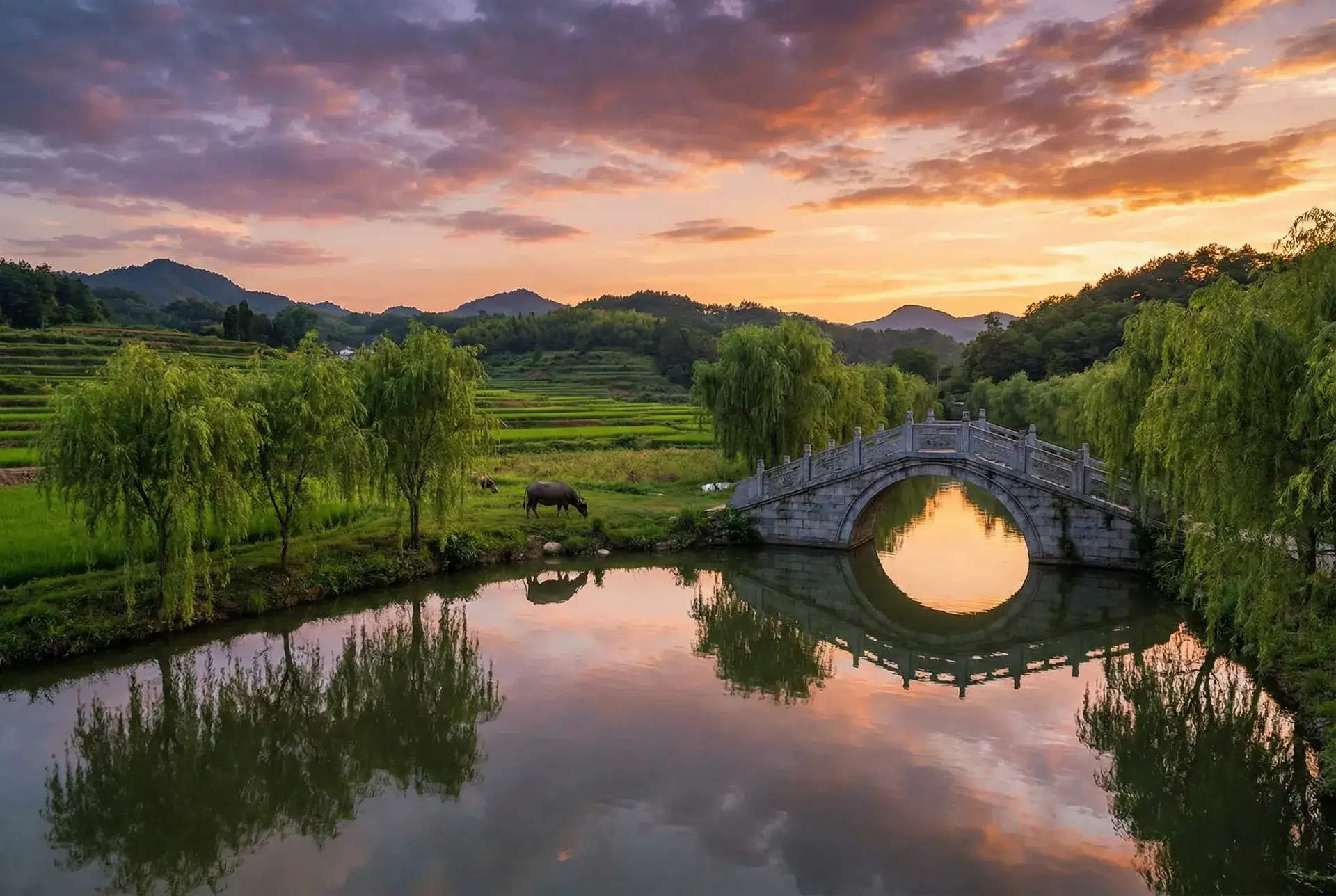 夕阳下的石拱桥与垂柳，水牛在河边吃草 - sihu四虎 乡村美景